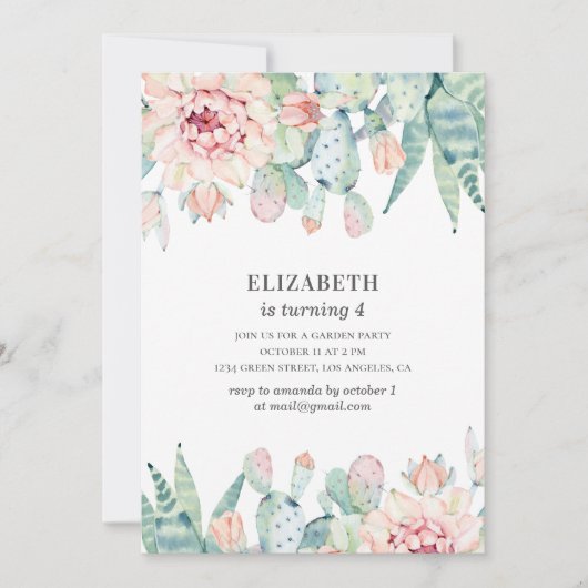 水彩フローラサボテンベビーガール.子供の誕生日 招待状 (正面)