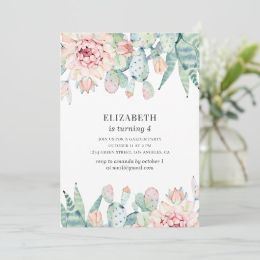 水彩フローラサボテンベビーガール.子供の誕生日 招待状 (スタンド正面)