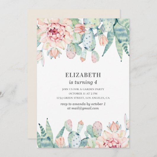 水彩フローラサボテンベビーガール.子供の誕生日 招待状 (正面/裏面)