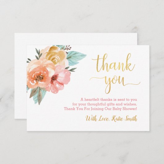 水彩フローラサンキューカードピンクと金ゴールド サンキューカード (正面/裏面)