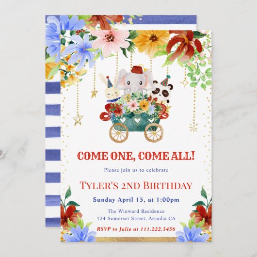 水彩フローラサーカスアニマルバースデーパーティー 招待状 (正面/裏面)