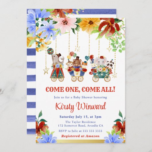 水彩フローラサーカス動物ベビーシャワー 招待状 (正面/裏面)