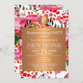 水彩フローラシックなモノグラム引っ越し祝いパーティーパーティー 招待状 (正面/裏面)