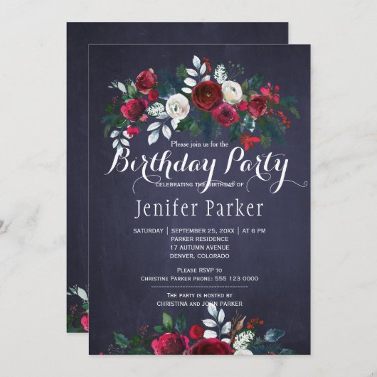 水彩フローラシック冬海軍バースデーパーティー 招待状 (正面/裏面)