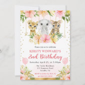 水彩フローラジャングルアニマルズ子供の誕生日 招待状 (正面)