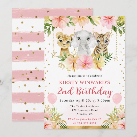 水彩フローラジャングルアニマルズ子供の誕生日 招待状 (正面/裏面)