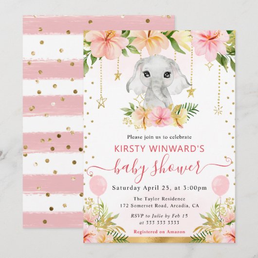 水彩フローラジャングルエレファントベビージャーシャワー 招待状 (正面/裏面)