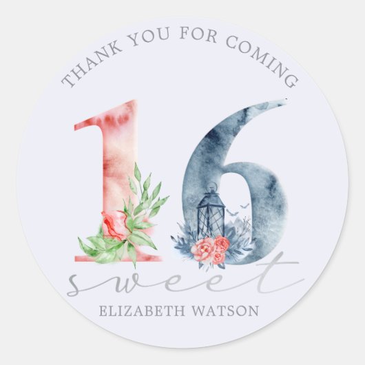 水彩フローラスクリプトエレガントsweet sixteen ラウンドシール (正面)