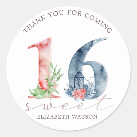 水彩フローラスクリプトエレガントsweet sixteen ラウンドシール (正面)