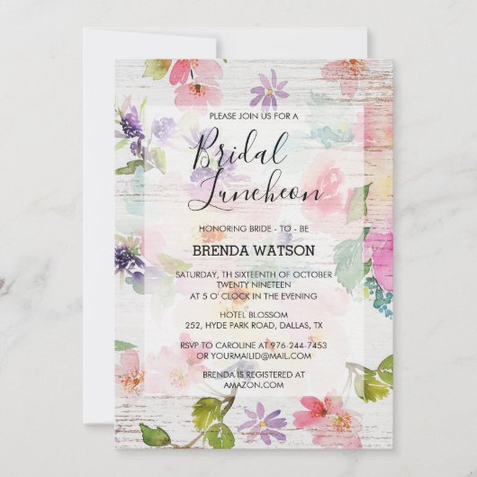 水彩フローラスクリプトブライダルシャワー昼食会 招待状 (正面)