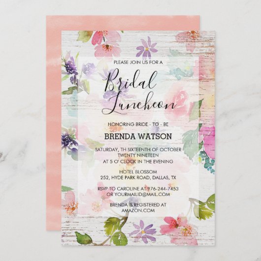水彩フローラスクリプトブライダルシャワー昼食会 招待状 (正面/裏面)