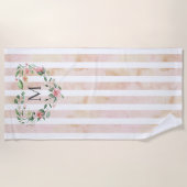 水彩フローラストライプリースモノグラム ビーチタオル (正面)
