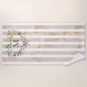 水彩フローラストライプリースモノグラム ビーチタオル (正面)