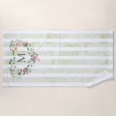 水彩フローラストライプリースモノグラム ビーチタオル (正面)