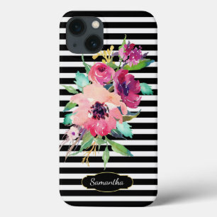 水彩フローラストライプ付きモノグラム iPhone 13ケース