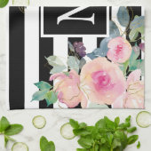 水彩フローラストライプ名ピンク白黒 キッチンタオル (折り畳み)