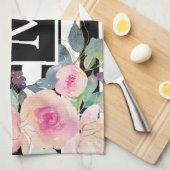 水彩フローラストライプ名ピンク白黒 キッチンタオル (四つ折り)