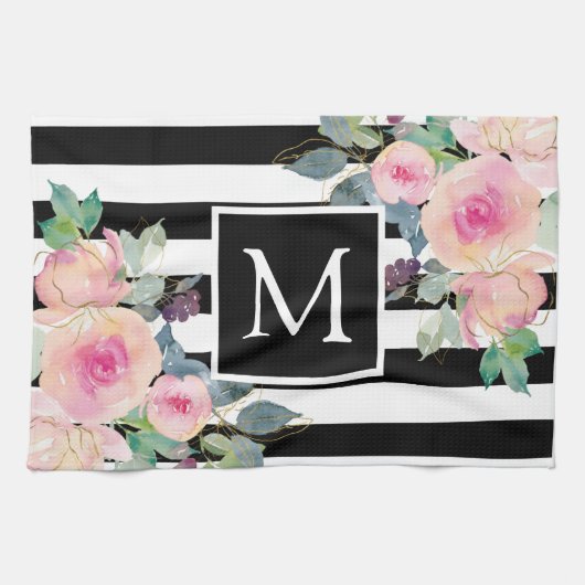 水彩フローラストライプ名ピンク白黒 キッチンタオル (横)