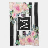 水彩フローラストライプ名ピンク白黒 キッチンタオル (縦)