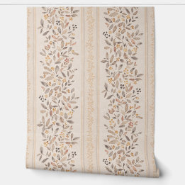 水彩フローラストライプ暖色茶褐色 壁紙