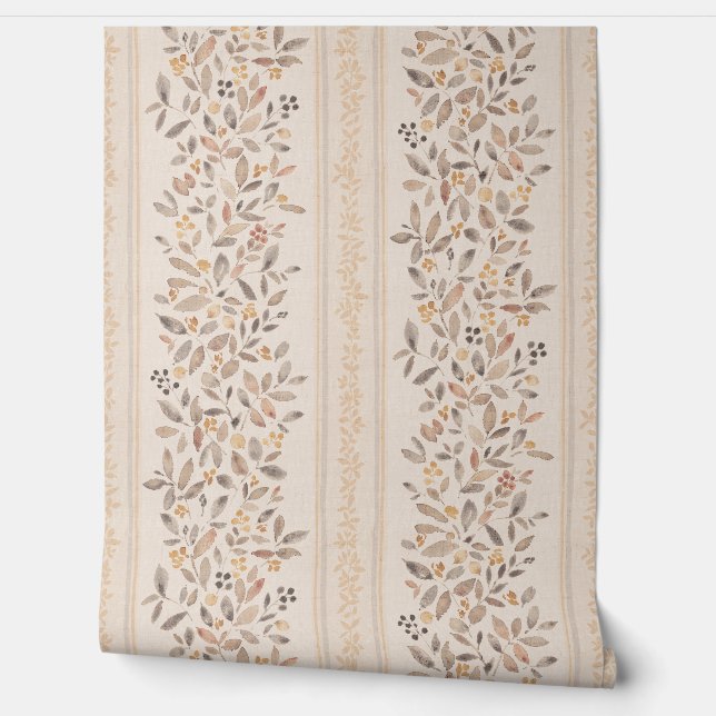 水彩フローラストライプ暖色茶褐色 壁紙 (ほどく)