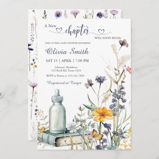 水彩フローラストーリーブックボーイベビーシャワー 招待状 (正面/裏面)