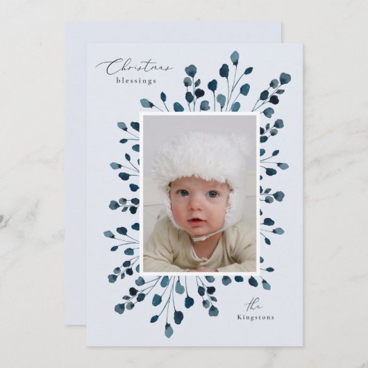 水彩フローラスプレーのクリスマスカスタム写真 招待状 (正面/裏面)