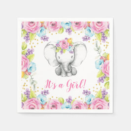 水彩フローラゾウ女の子ベビーシャワー スタンダードカクテルナプキン