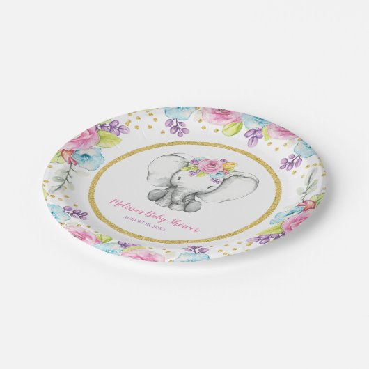 水彩フローラゾウ赤ちゃんシャワー ペーパープレート (アングル)