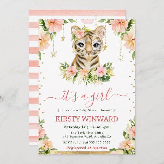 水彩フローラタイガーカッブガールベビーシャワー 招待状 (正面/裏面)