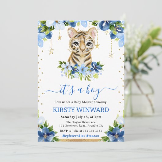 水彩フローラタイガーカッブボーイベビーシャワー 招待状 (スタンド正面)