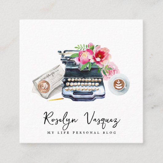水彩フローラタイプライター |ブロガー作家 スクエア名刺 (正面)