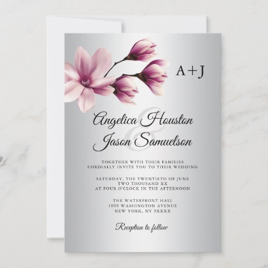 水彩フローラダスティマウブタイペグレイ結婚ズ 招待状 (正面)