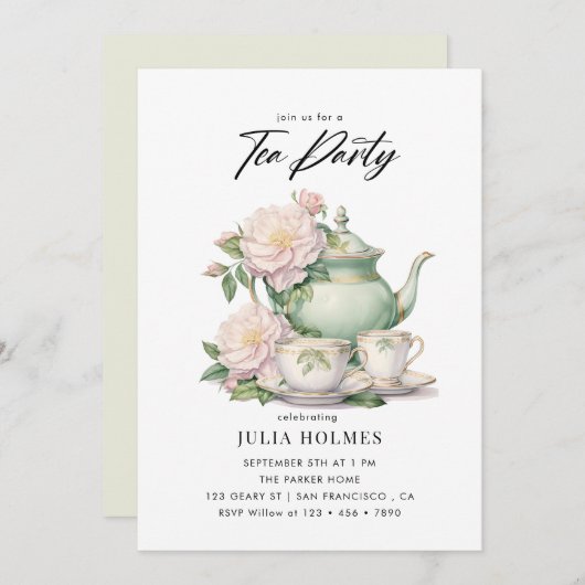 水彩フローラティーカップティーパーティー 招待状 (正面/裏面)