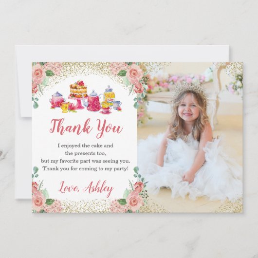 水彩フローラティーパーティー女子誕生日写真 サンキューカード (正面)