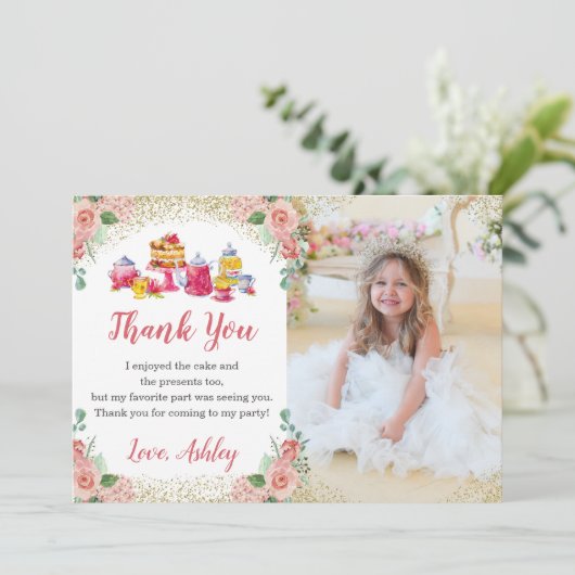 水彩フローラティーパーティー女子誕生日写真 サンキューカード (スタンド正面)