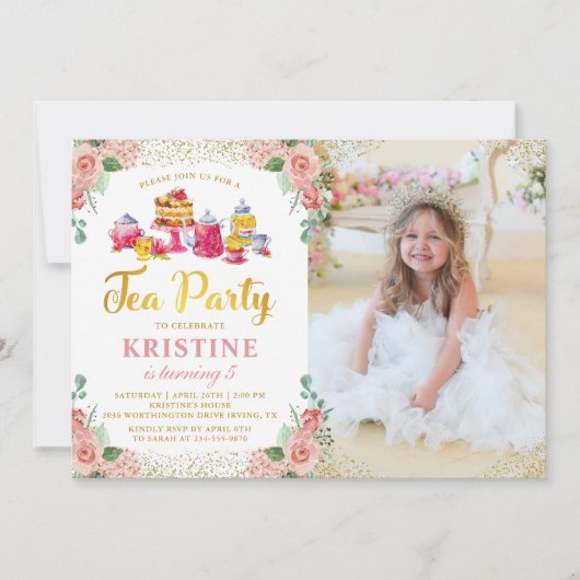 水彩フローラティーパーティー女子誕生日写真 招待状 (正面)