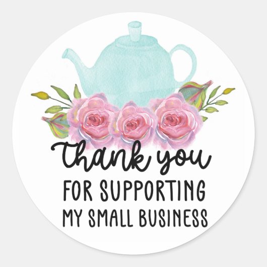 水彩フローラティーポットありがとうスモールビジネス ラウンドシール (正面)