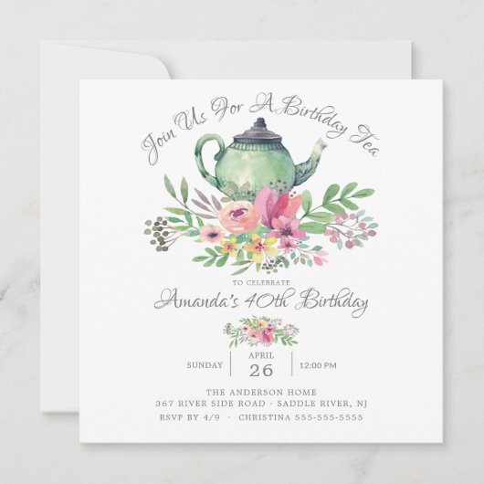 水彩フローラティーポットバースデーパーティーの招待 招待状 (正面)