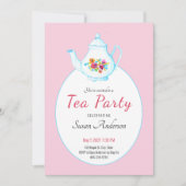 水彩フローラティーポットピンクティーパーティの招待状 招待状 (正面)
