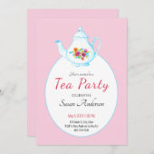 水彩フローラティーポットピンクティーパーティの招待状 招待状 (正面/裏面)