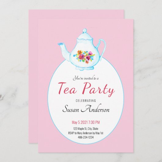 水彩フローラティーポットピンクティーパーティの招待状 招待状 (正面/裏面)
