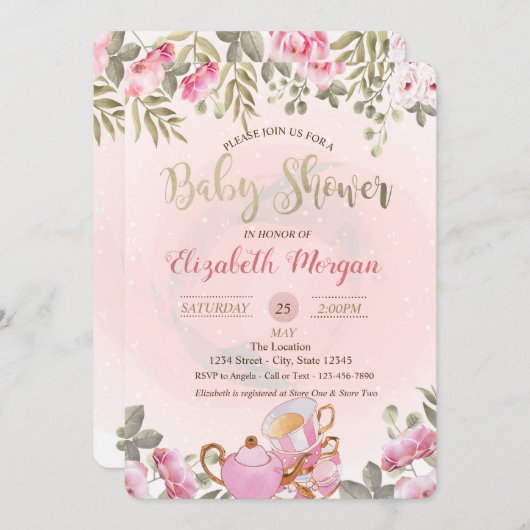 水彩フローラティーポットマカロンベイビーシャワー 招待状 (正面/裏面)