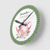 水彩フローラティーポット名前をカスタムするキッチン ラウンド壁時計 (傾斜)