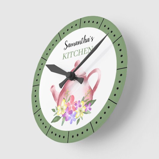 水彩フローラティーポット名前をカスタムするキッチン ラウンド壁時計 (傾斜)