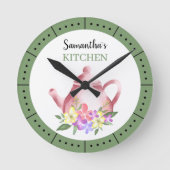 水彩フローラティーポット名前をカスタムするキッチン ラウンド壁時計 (正面)