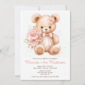 水彩フローラテディベアガールバプテスマ 招待状 (正面)