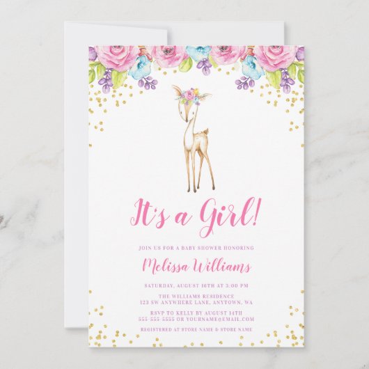 水彩フローラディアガールベビーシャワー招待状 招待状 (正面)