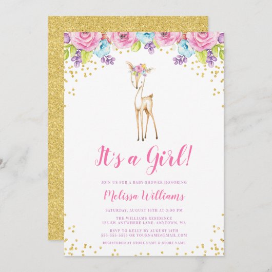 水彩フローラディアガールベビーシャワー招待状 招待状 (正面/裏面)