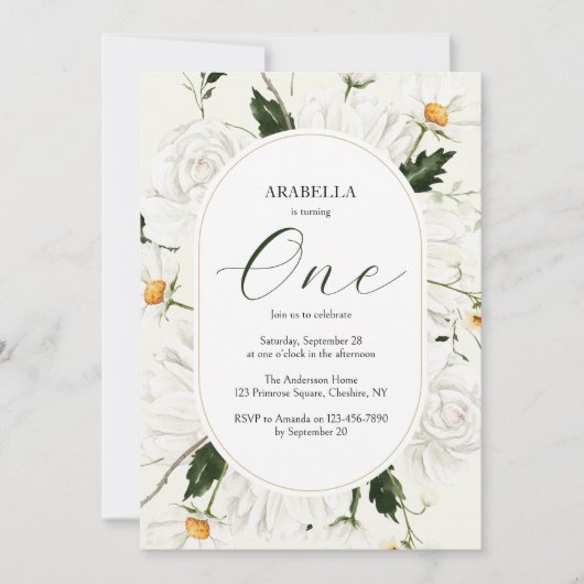 水彩フローラデイジー1st誕生日パーティー 招待状 (正面)